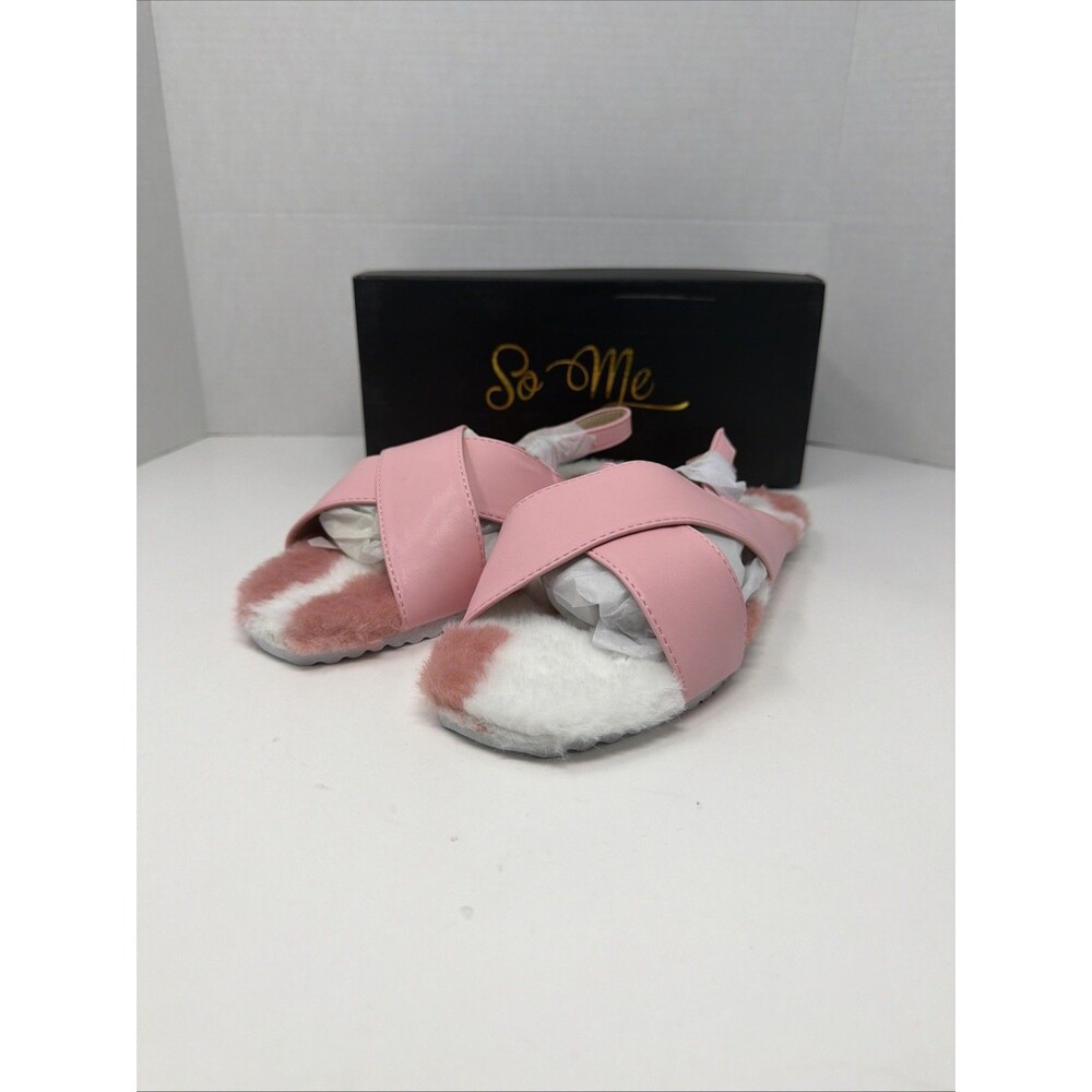 SO ME Women’s SLIPPERS HICKORY FURRY PINK & WHITE CROSS-STRAP TOP SLINGBACK